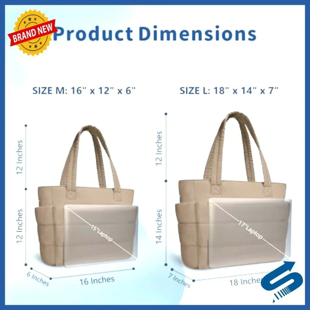 Lightweight Puffer Tote Bag with 9 Pockets, Laptop Sleeve, 20L Capacity